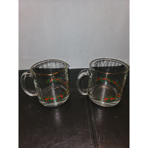 Vtg Libbey Arbys Christmas Holly Berry Glass Coffee Mug Gold Trim Set Of 2